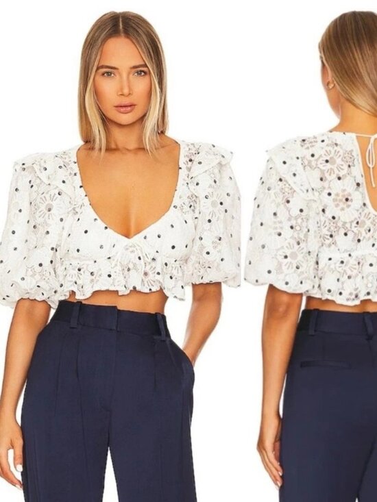 For Love And Lemons Tops - For Love And Lemons White & Black Polka Dot Lace Cropped Glen Blouse top sz M